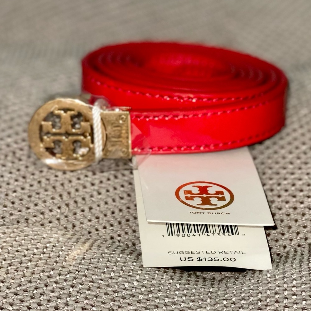 NWT Tory Burch Cherry Apple Red Size M Rotating Patent Skinny Belt